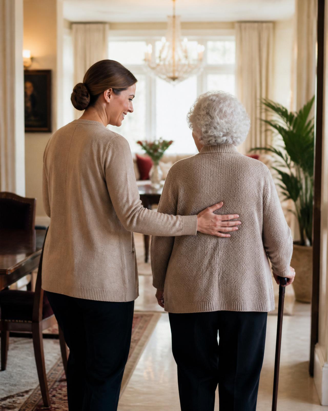 Auxiliaire de vie accompagnant une personne âgée avec une canne dans un intérieur lumineux